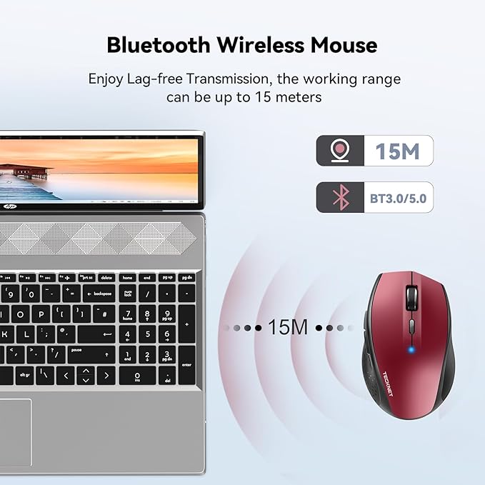 TECKNET Bluetooth Mouse, 4800 DPI Wireless Mouse, 2-Year Battery 6 Adjustable DPI, 6 Buttons Compatible with Laptop/Windows/Computer - Red