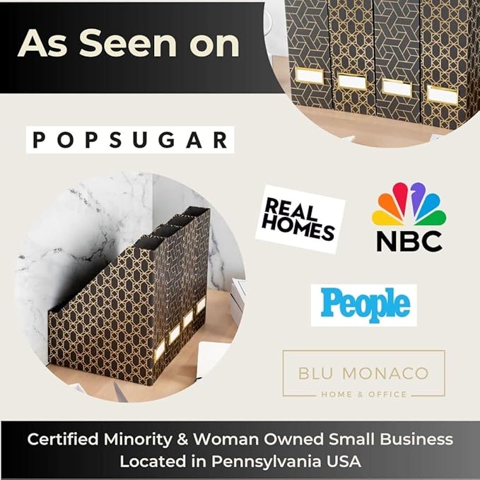 BLU MONACO Set of 4 Stylish Black & Gold Geometric Magazine File Holders with Gold Label Holders – Desk or Bookshelf Storage for Home, Office, Classroom Organization and Décor