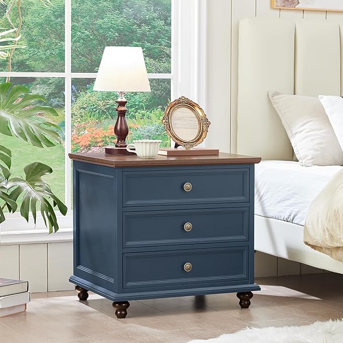 24" Wide Farmhouse Night Stand,Large End Table with 3 Drawers & Metal Handle,Blue Wood Dresser for Bedroom Cabinet, Bed Side Tabl·e Chest of Drawers,Nightstand for Living Room,Close