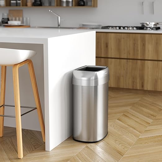 iTouchless 13 Gallon Open Top Kitchen Trash Can Recycling Bin with Double Odor Filters, Oval Commercial Grade Stainless Steel Trashcan for Home Office Work Bedroom Living Room Garage
