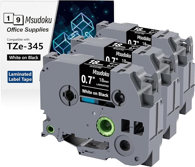 Tze Tz Tape 18mm 0.7 Laminated Black Compatible for Brother P Touch Label Maker Tape TZe-345 TZe345 Label Tape for PT D400 D600 D610 P710BT, White on Black, 3/4 Inch x 26.2 Feet, 3-Pack