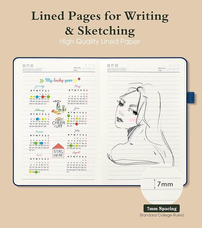 Lined Journal Notebook for Men Women, 160 Pages Ruled Paper, Inner Pocket, A5 Hardcover Vintage Leather Notebooks for Work, School, Travel Journaling, Daily Diary, Notepad 5.8" x 8.5" (Navy)