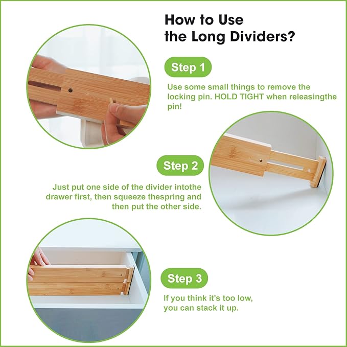 ANTOWIN Bamboo Drawer Dividers Organizers, Drawer Separators Splitter,17-22 inches Long Adjustable Spring-loaded Organizer for Large Utensil, Clothes, Tools Drawers(yellow)