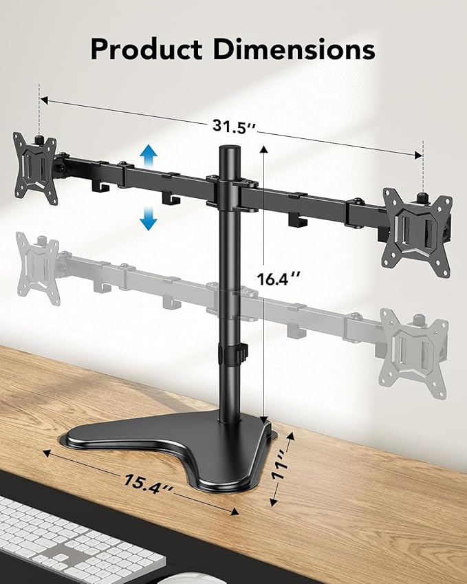 HUANUO 32 inches Dual Monitor Stand up to 17.6lbs per Arm, High-Grade Aluminum Free-Standing Dual Monitors Mount for 2 Screens. Fully Adjustable Dual Monitor Stand for Desk with Tilt, Swivel, Rotation