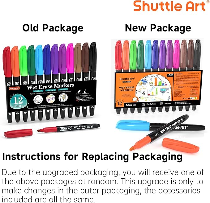 Shuttle Art Wet Erase Markers, 12 Colors 1mm Fine Tip Smudge-Free Markers, Use on Laminated Calendars,Overhead Projectors,Schedules,Whiteboards,Transparencies,Glass,Wipe with Water
