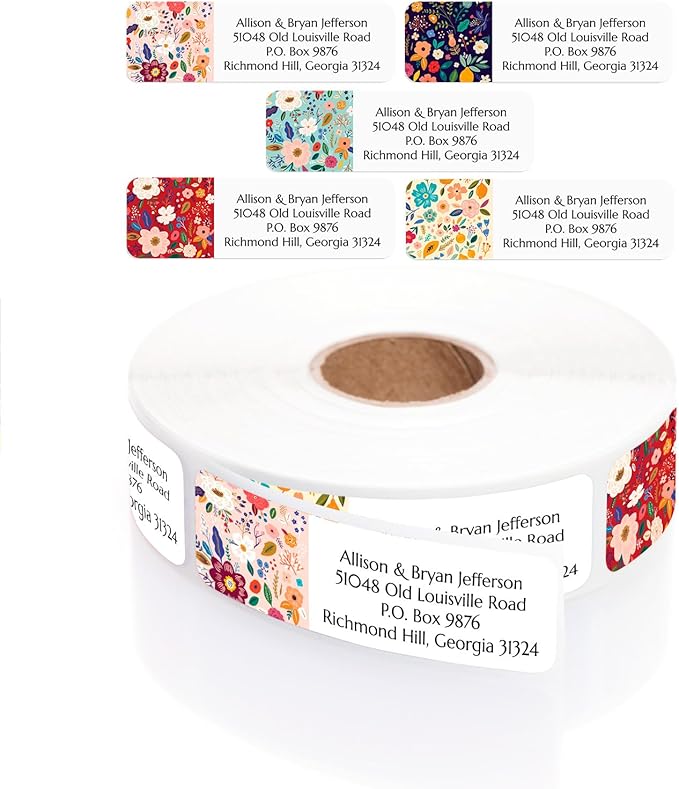 Multi-Floral Print Rolled Address Labels / 500 Personalized Return Address Labels/Designer Address Stickers in Elegant Plastic Dispenser
