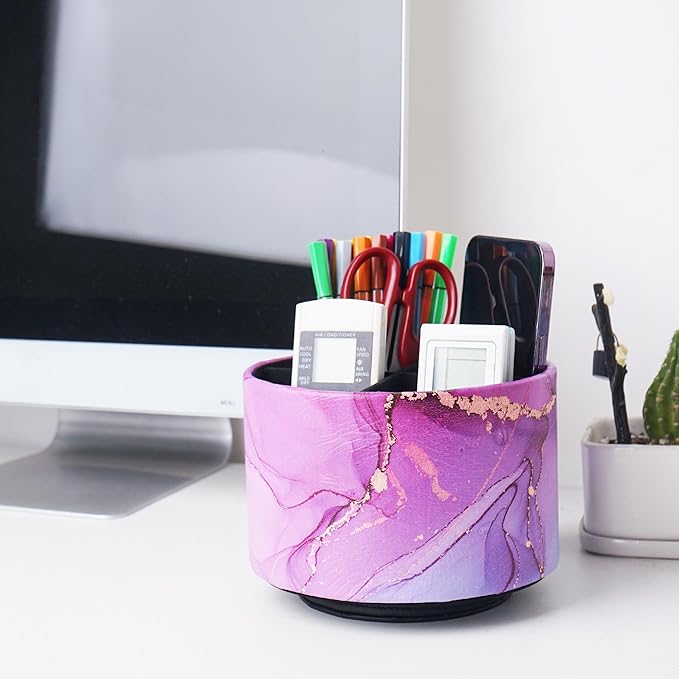 Round Leather Art Supply Organizer,Remote Control Holder,360-degree Rotating Pen Organizer with 4 Compartments(1-Purple Blue Splash Ink)