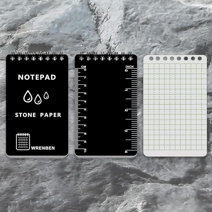 Stone Paper Waterproof Top Spiral Notepad Weatherproof Steno Pads 3" x 5" Pocket Notebooks, Universal Graph Pattern, 4 Pack 400 Pages for Field Travel Adventure (3" x 5", Black)