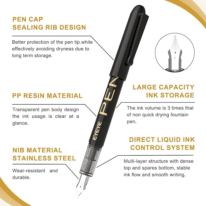 EYEYE Disposable Fountain Pens, 8 Pack Black Fine Point Pens Calligraphy Pens for Writing, Stainless Steel Nib, Smooth Writing for Journaling, Drafting, Sketching, Doodling & Office Supplies