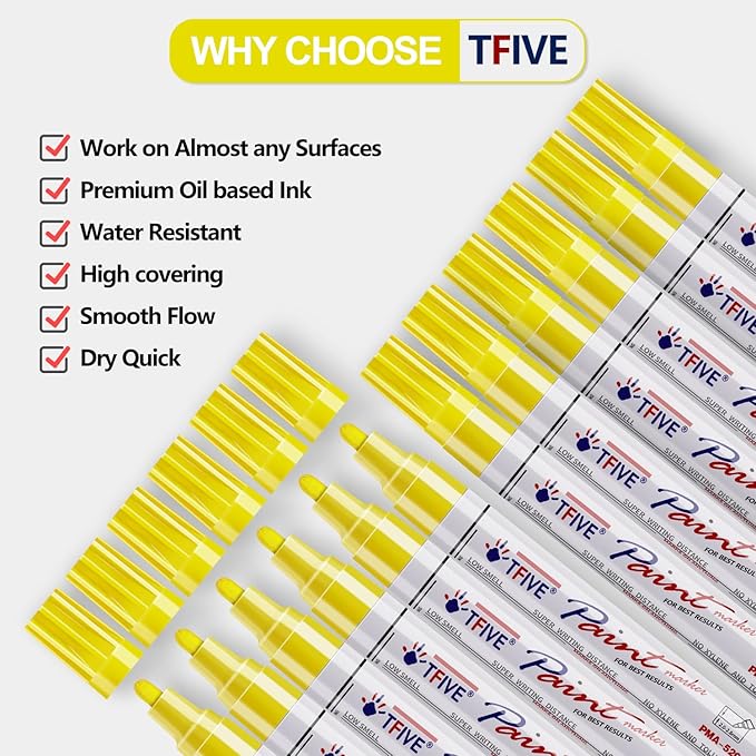 TFIVE Yellow Paint Pens Markers - 12 Pack Oil Based Permanent Marker, Medium Tip, Never Fade, Quick Dry, Waterproof Paint Pen for Rocks Painting, Wood, Fabric, Plastic, Canvas, Glass, Metal