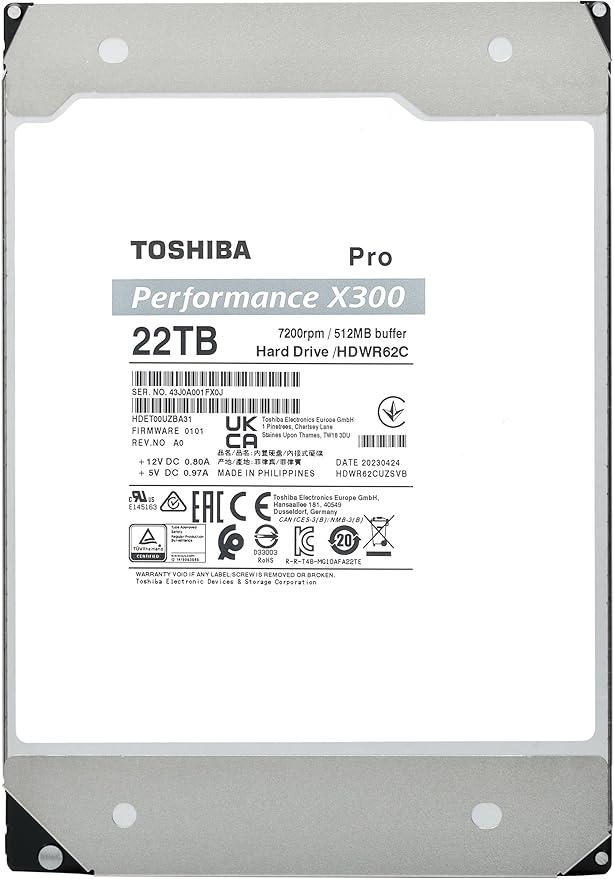 Toshiba X300 PRO 22TB High Workload Performance for Creative Professionals 3.5-Inch Internal Hard Drive – Up to 300 TB/Year Workload Rate CMR SATA 6 Gb/s 7200 RPM 512 MB Cache - HDWR62CXZSTB