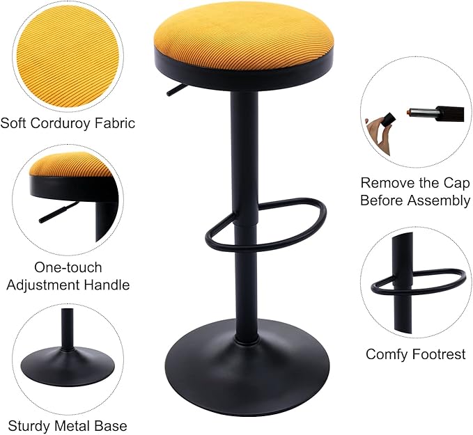 Round Swivel Counter Height Bar Stools Set of 4 Modern Adjustable Barstools Backless Corduroy Bar Chairs Industrial Island Chairs with Metal Base/Footrest for Kitchen Island/Pub/Bar, Yellow
