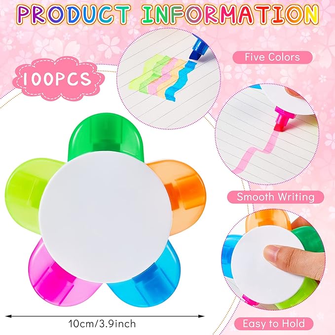 Outus 100 Pieces Petals Highlighters Assorted Colors Back to School Flower Shape Watercolor Highlighter Pens 5-in-1 Fluorescent Pens for Office School Stationery Aesthetic Supplies,5 Colors