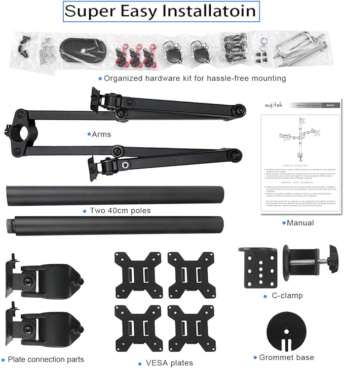 Suptek Quad LED LCD Monitor Stand up Desk Mount Extra Tall 31.5 inch Pole Heavy Duty Fully Adjustable Stand for 4 (3+1) / Four Screens up to 27 inch (MD6864)