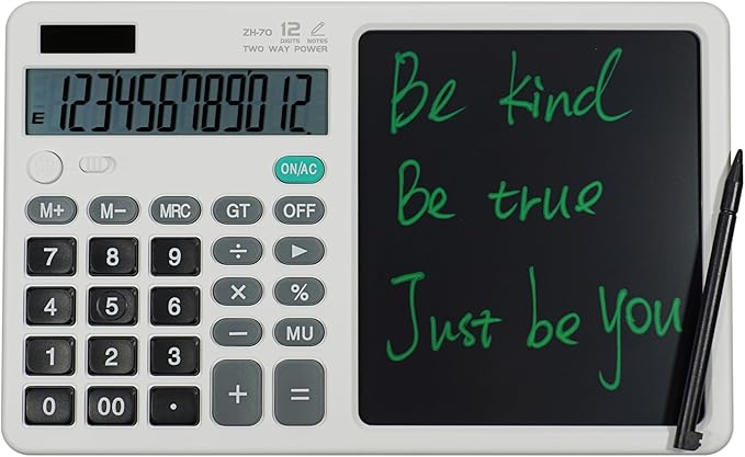 Desk Calculator Large Display with 7'' Erasable Writing Pad, 12 Digits Large Screen Display Jumbo Calculadora, Solar & Battery Powered Big Button Calculators for Business Office School, White