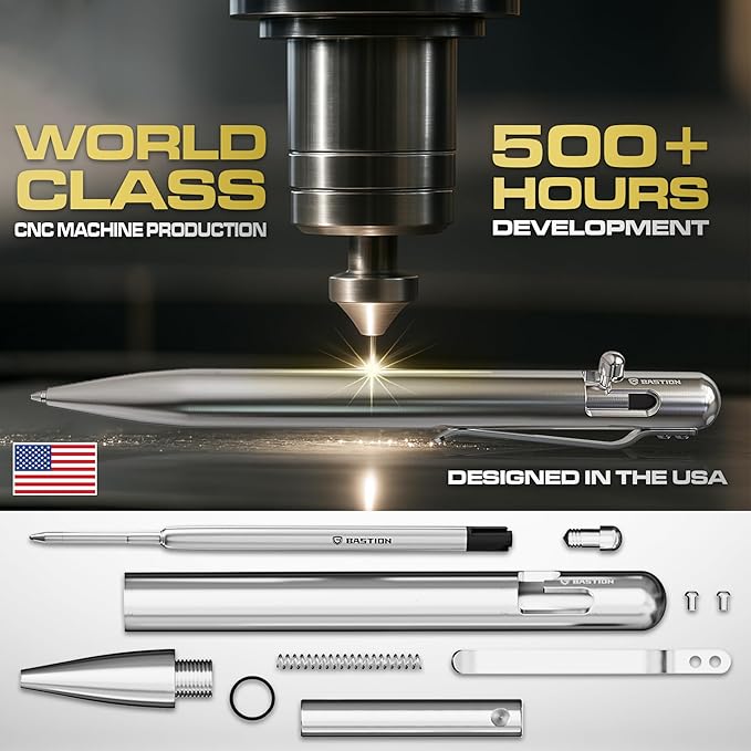 BASTION® Luxury Bolt Action Pen, Durable Professional Ballpoint Pen with Fine Tip, EDC Pen Ink Refillable Pen - 100% Stainless Steel