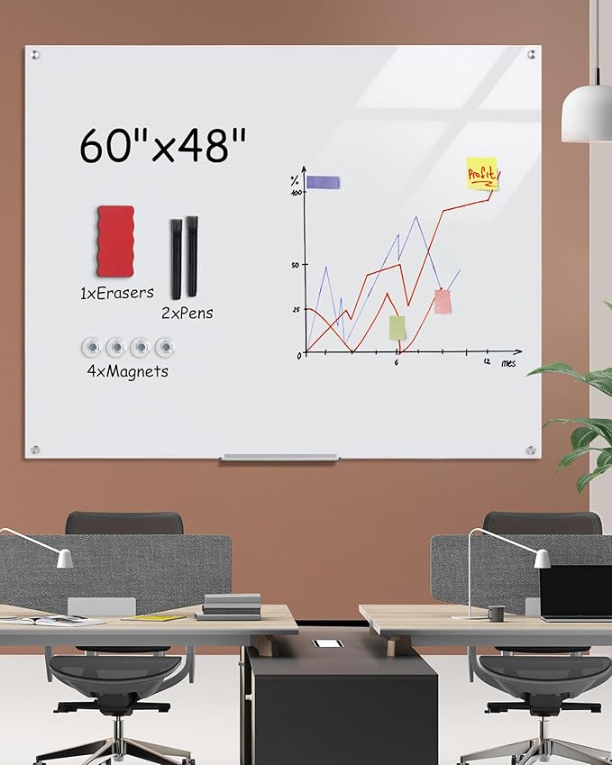 Magnetic Glass Whiteboard，60"x48" Wall Mounted Frameless Dry Erase Board for Office, Home & School Ultra White
