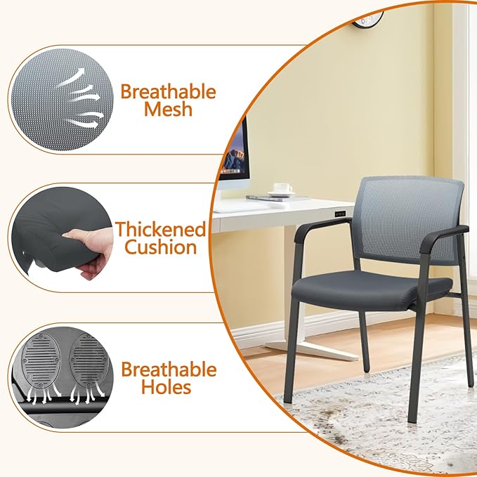 CLATINA Mesh Back Stacking Arm Chairs with Upholstered Fabric Seat and Ergonomic Lumber Support for Office School Church Guest Reception Grey (Gray-4 Pack)