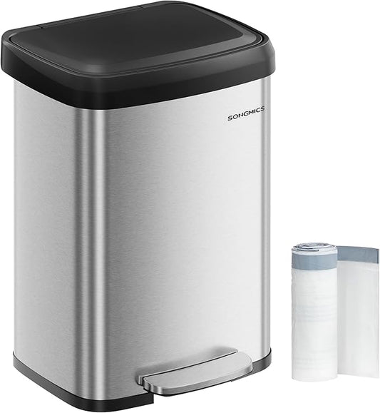 SONGMICS Kitchen Trash Can, 13 Gallon (50 L) Stainless Steel Garbage Can, with Stay-Open Lid and Step-on Pedal, Soft Closure, Tall, Large and Space-Saving, Silver and Black ULTB530E50