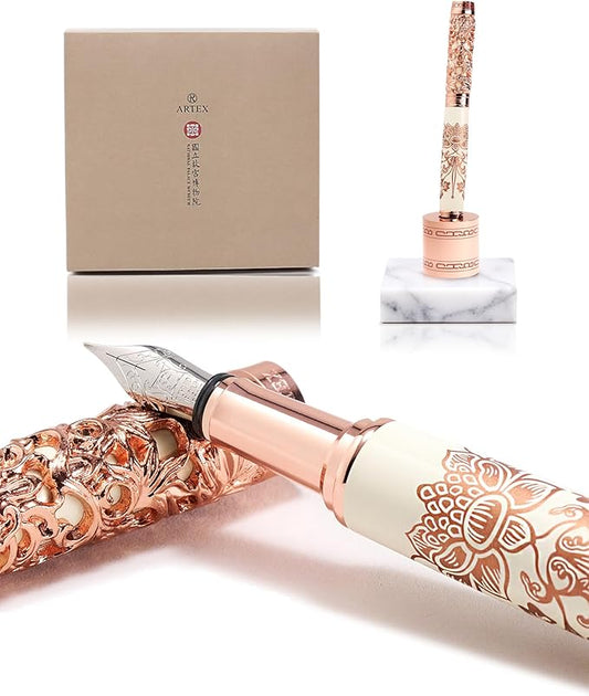 Luxury Fountain Pen Set With Stand - Museum Art Collections - Crafting Timeless Beauty - the Best Gift & Office Desk Decor, German SCHMIDT Fine Nib, Solid Metal & Marble Texture