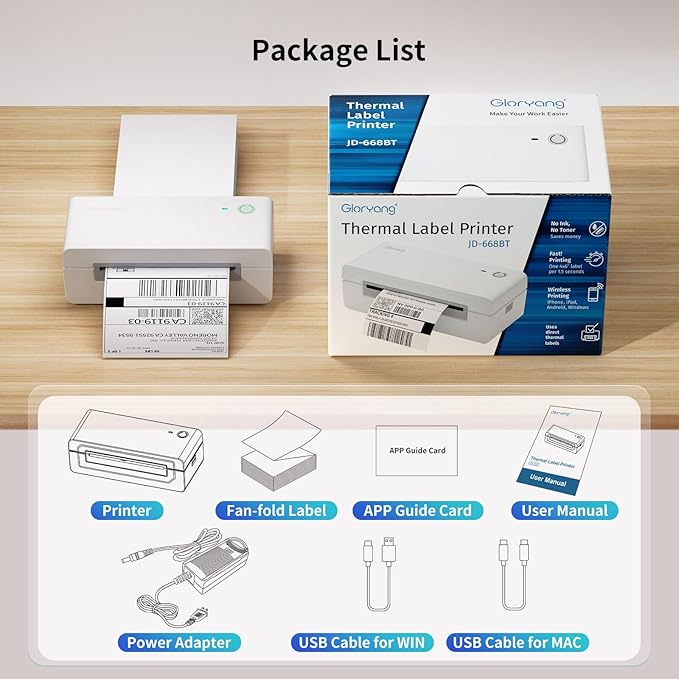 Bluetooth Thermal Shipping Label Printer, 4X6 Inkless Label Machine for iOS, Android, Laptop, Wireless Printer for Small Business, Compatible with Amazon, UPS, Shopify, White
