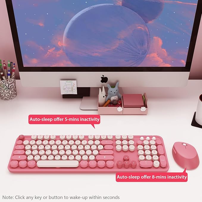 Wireless Keyboard,KOOTOP Cute Colorful 104 Keys Typewriter Retro Round Keycaps Keyboard for PC Laptop,Desktop,Windows, Home and Office Keyboards(Pink)