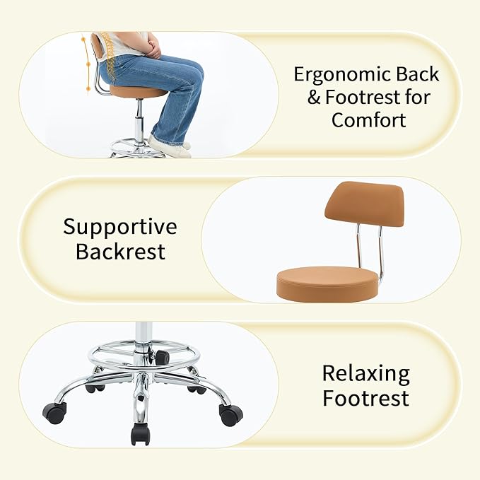 Rolling Stool with Back, Adjustable Tattoo Rolling Chair 19.5’’-26.6’’, Camel Brown Hairstylist Stool with Wheels (Camel Brown)