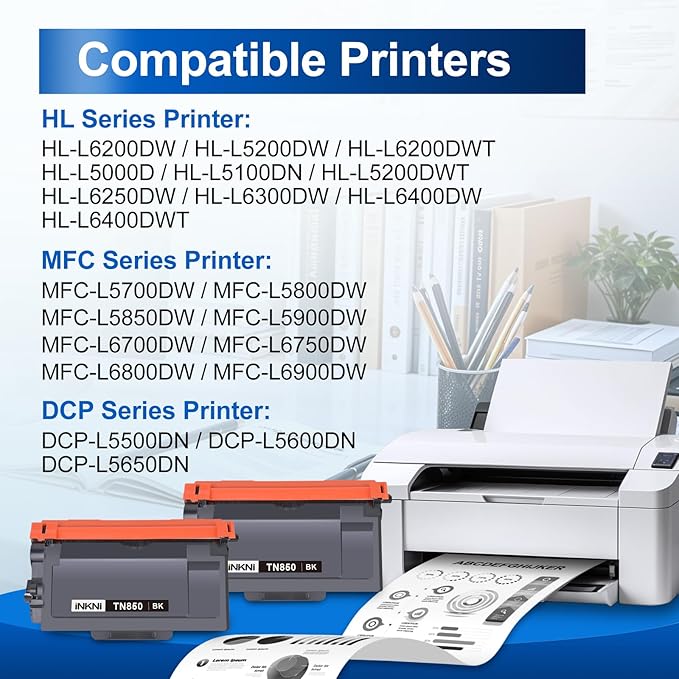 INKNI Compatible TN850 Toner Cartridge Replacement for Brother TN850 TN820 High Yield Compatible for Brother DCP-L5600DN HL L5000D HL L5200DW HL L6200DW MFC L5850DW MFC L6700DW Printer (Black, 2-Pack)