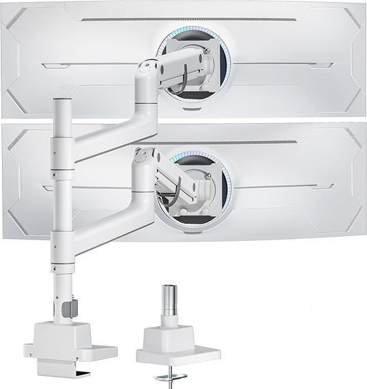 monTEK Dual Monitor Arm for up to 57" and 59.4 lbs Ultrawide Screen, Aluminum Heavy-Duty Gas Spring Vertical Stackable Curved Screen Adjustable Monitor Stand, 75/100mm Vesa Mount, White