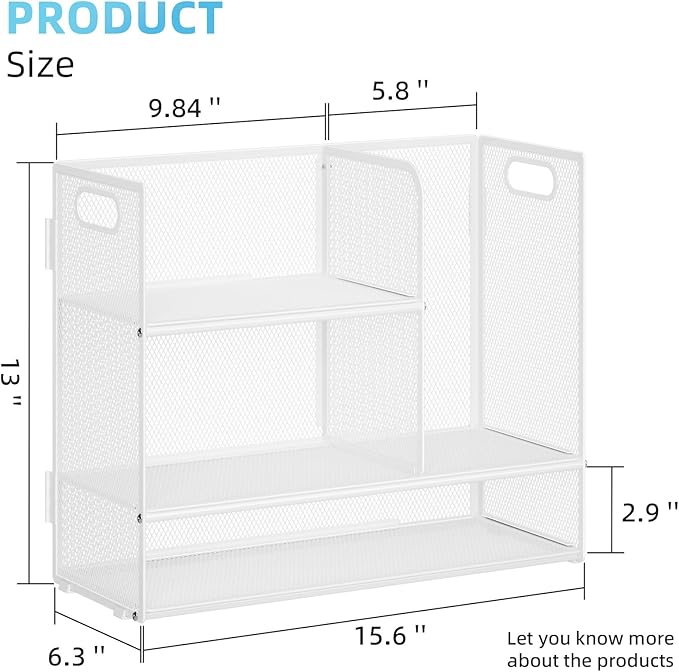Marbrasse 3-Tier Desk Shelf Organizer with Handle, Desktop Bookshelf File Holder, Mesh Display Shelf Organizer Storage Rack for Office, Home, Supplies, Kitchen (White)