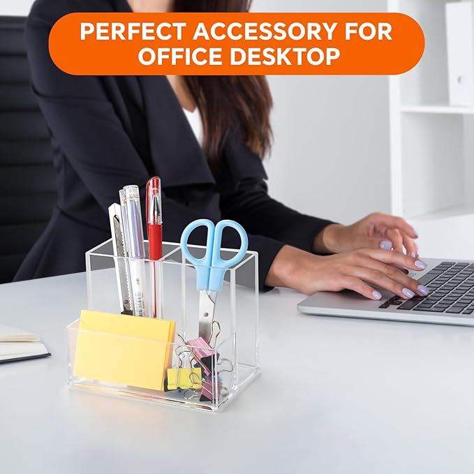Pen Holder for Desk, Clear Acrylic Pencil Holder for Desk, Marker Holder with 3 Compartments, Pencil Organizer for Home, Office, Classroom, Bathroom
