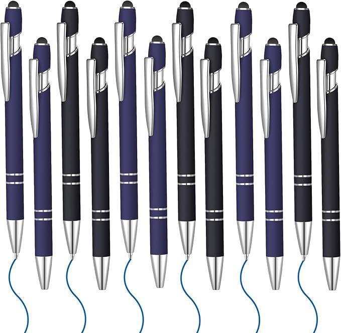 12 Pcs Blue Ink Ballpoint Pen with Stylus Tip, 1.0 mm Metal Pen Stylus Pen for Touch Screens, 2 in 1 Thank You Pen Gift for Friends, Colleagues, Coworker, Office, Family(Blue Black)