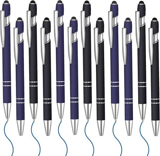 12 Pcs Blue Ink Ballpoint Pen with Stylus Tip, 1.0 mm Metal Pen Stylus Pen for Touch Screens, 2 in 1 Thank You Pen Gift for Friends, Colleagues, Coworker, Office, Family(Blue Black)