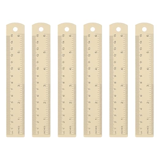 HARFINGTON 6pcs Metal Straight Ruler 15cm Metric SAE Aluminum Alloy Measuring Rulers Scale Tool with Hole for Measure Study Reading Classroom Office, Beige