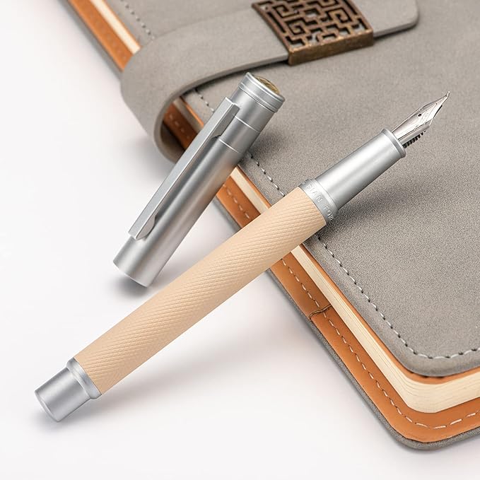 Silver Birch Forest Aluminum Fountain Pen Bent Nib (Fine to Broad) with Metal Box Fude Pen Set By Asvine