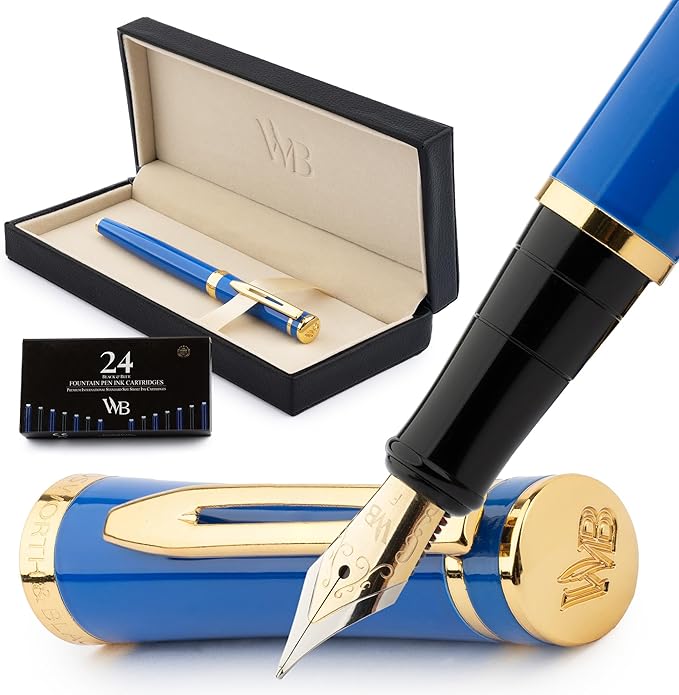 Wordsworth & Black Fountain Pen Set, 18K Gilded Fine Nib, Includes 24 Pack Ink Cartridges, Ink Refill Converter & Gift Box, Gold Finish, Calligraphy, [Imperial Blue], Perfect for Men & Women