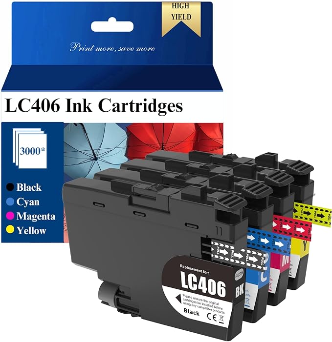 LC406 Ink Cartridges Compatible with Brother MFC-J4335DW MFC-J4535DW MFC-J5855DW MFC-J6555DW (LC406BK, LC406C, LC406M, LC406Y, 4-Pack)