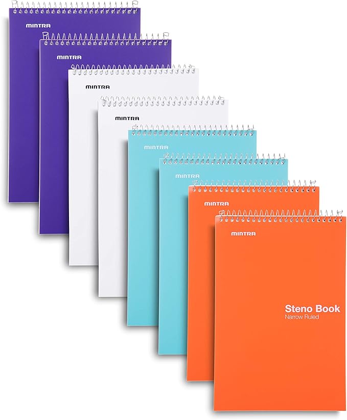 Mintra Office Steno Book - (BRIGHTS - Purp/Wht/Teal/Orange) - 6inx9in, 100 Sheets, 8 Pads/Pack, Narrow Ruled - Poly Cover, Notebook for writing notes in school, university, college, work, office