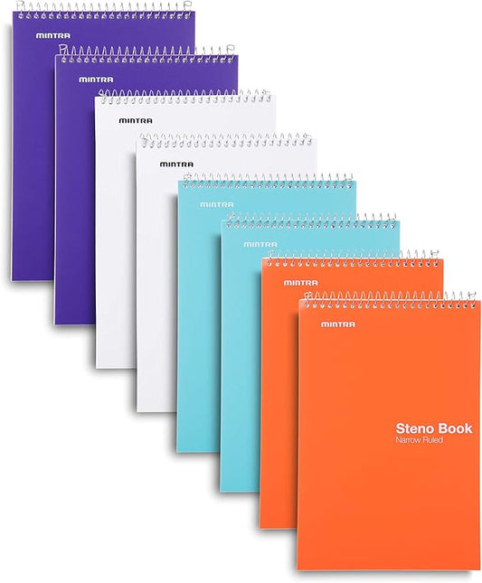 Mintra Office Steno Book - (BRIGHTS - Purp/Wht/Teal/Orange) - 6inx9in, 100 Sheets, 8 Pads/Pack, Narrow Ruled - Poly Cover, Notebook for writing notes in school, university, college, work, office