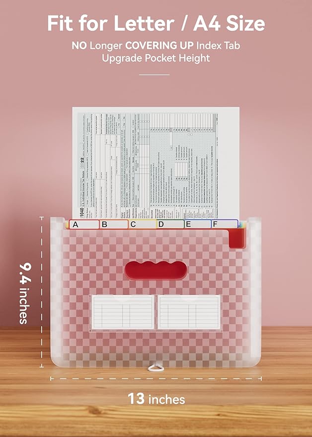 ABC life 26 Pockets Accordian File Folder Organizer Letter Size Expanding File Folder, A4 Portable Document Paper School Organizer, Expandable Multicolor Accordion Filing Folders with Labels(Pink)