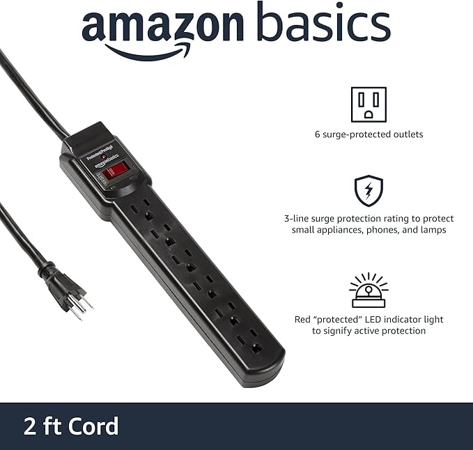 Amazon Basics Surge Protector Power Strip, 6-Outlet with 200J Protection, 2ft Extension Cord, Rectangle, Black (20 Pack)