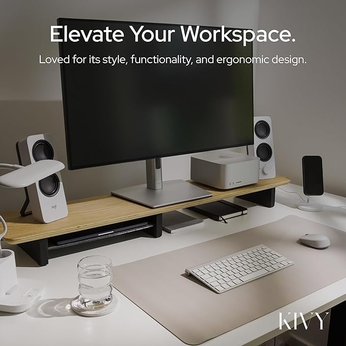 KIVY Dual Monitor Riser With Integrated Metal Shelf [MADE BY HAND] - Wooden Desk Shelf for 2 Monitors - Wide Long Stand for Desk (44 x10x3in - Black)