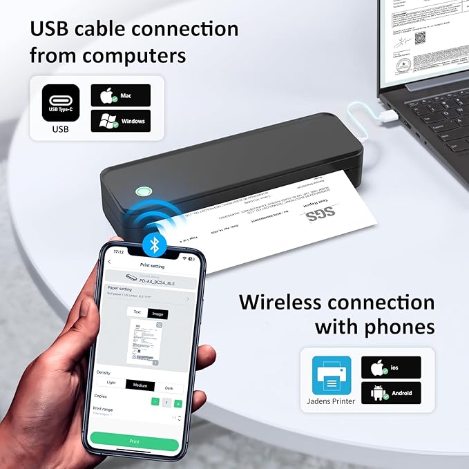 Inkless Portable Printer for Travel, Wireless Thermal Printer Supports 8.5 x 11 Inch Thermal Paper, Bluetooth Machine Includes Carry Case and 3 Rolls of Paper Kit, Black