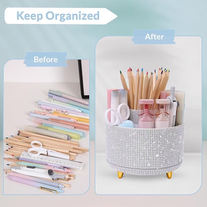 SKYDUE 360 Degree Rotating Desk Organizer, Shining Dual-Purpose Rhinestone Pencil Pen Holder, Rotating Desk Pen Organizer with 5 Slots, Rhinestone Pencil Cup for Office, School, Home
