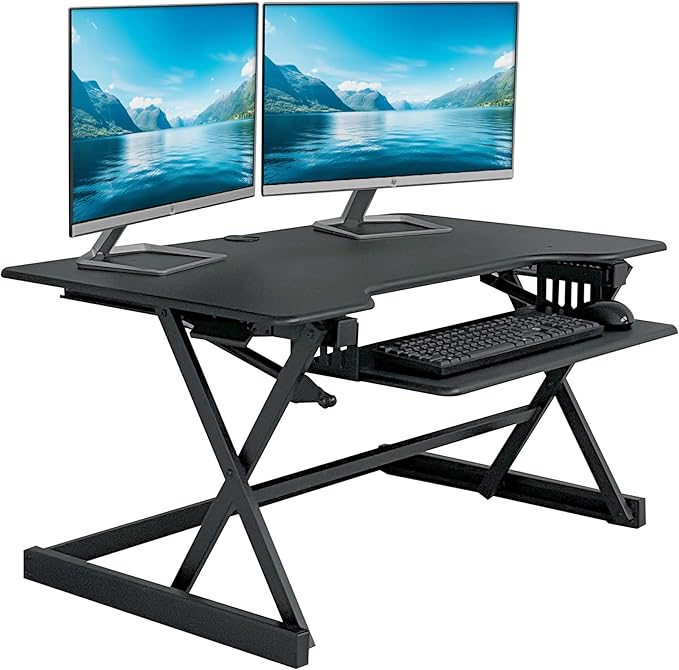 Rocelco 40" Height Adjustable Standing Desk Converter with AC Outlet USB Charger and Anti-Fatigue Floor Mat - Sit Stand Up Tabletop Riser - Sliding Keyboard Tray - Black (R DADRB-40-ACUSB-MAFM)