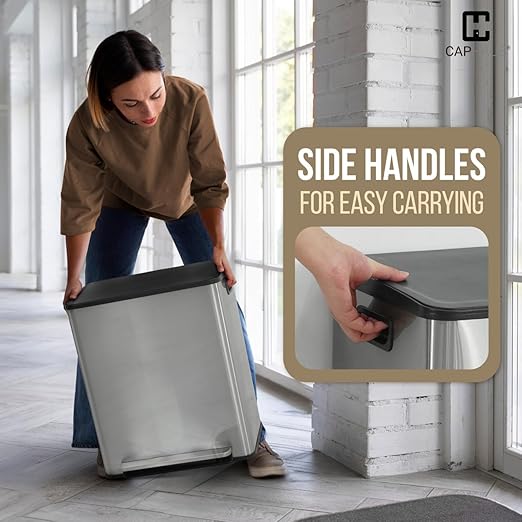 CAPHAUS Dual Trash Can with Lid, Trash and Recycling Bins Combo for Kitchen, Hands-Free Stainless-Steel Garbage Can with 2 Compartment, Hinged Lid, Odor Filter, Handles, 30L+30L, 2 x 8 Gallon