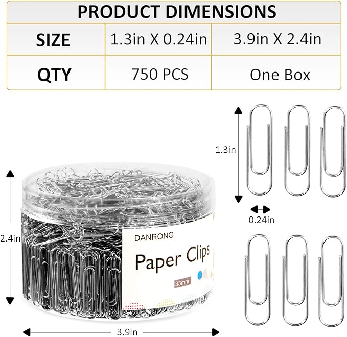 Silver Medium Paper Clips, 750 Pack Paperclips 1.3 Inch (33 mm) Paper Clips Suitable for Office School and Daily Use Also Used for Daily DIY Paper Clip(Silver)