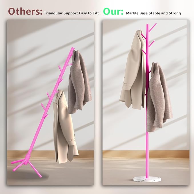 Coat Rack with Natural Marble Base, Metal Freestanding Coat Rack with 8 Hooks, 3 Adjustable Size Sturdy Coat Tree for Bags, Coats, and Hats for Entryway, Hallway, Bedroom, Office, Pink