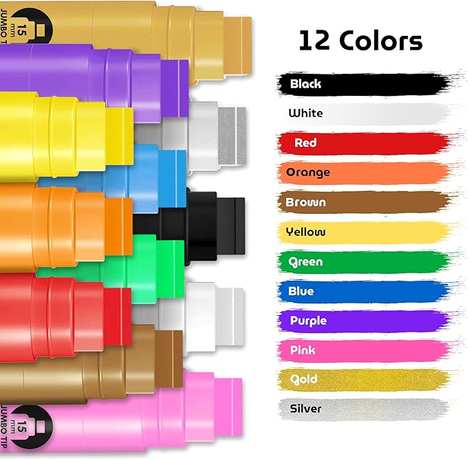 Jumbo Poster Markers Set: 12 Colors Large 15mm Wide Tip Permanent Ink Thick Acrylic Paint Pens for Rock Painting, Stone, Glass, Wood, Ceramic, Metal, Plastic, Fabric