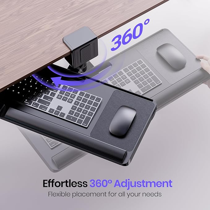 Klearlook Upgraded Adjustable Keyboard Tray for Above Desk & Under Desk Use - Ergonomic Sit-Stand Keyboard Riser with 360° Rotation, 24.4"×10" Keyboard Stand with Wrist Rest & Storage Drawer - Black